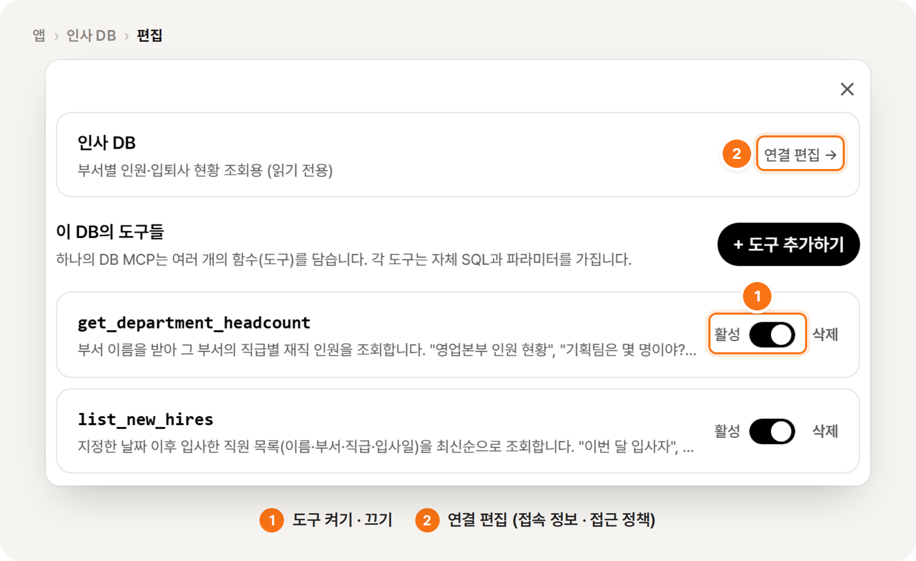 ① 도구 켜기·끄기 ② 연결 편집 (접속 정보·접근 정책)
