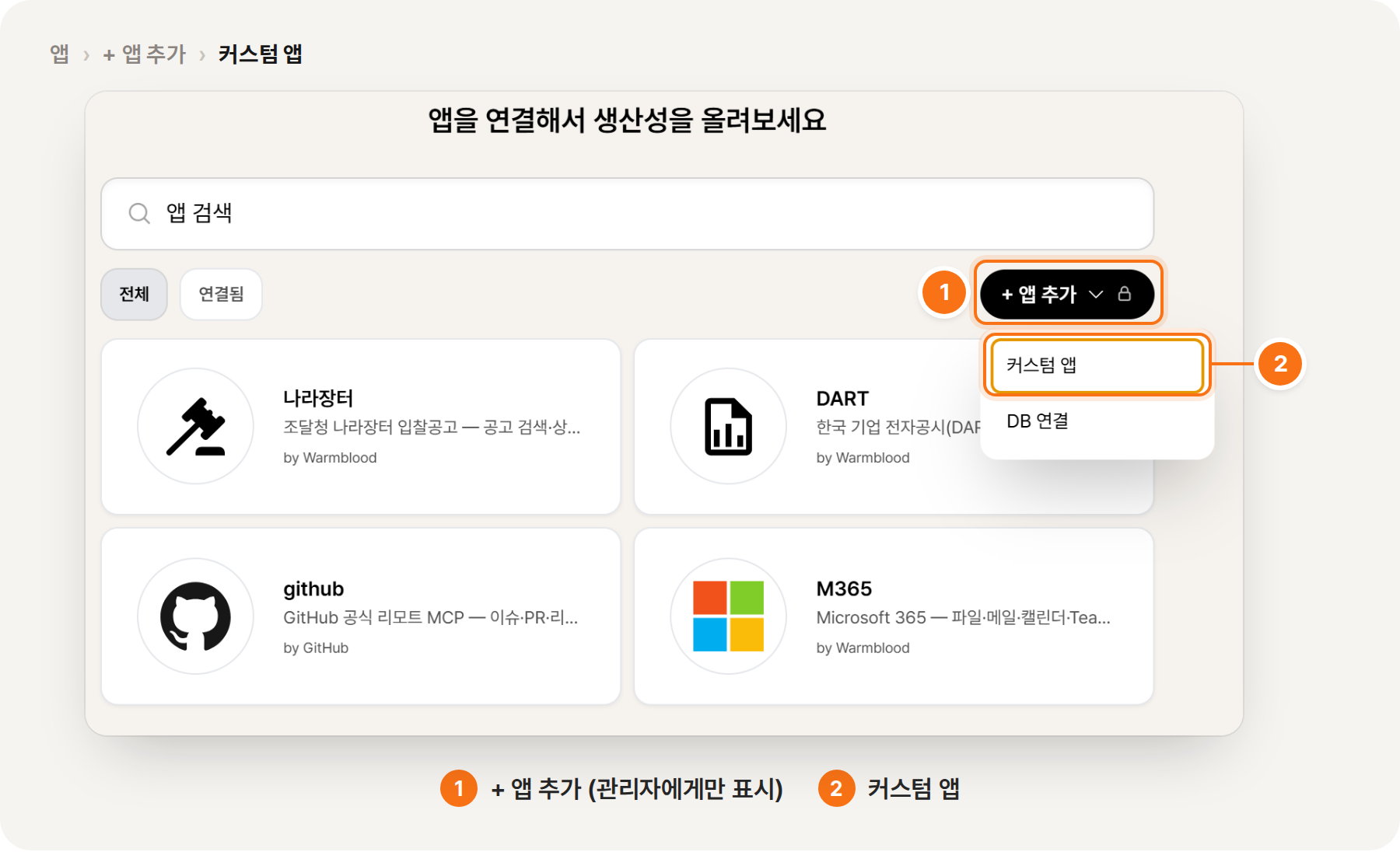 ① 「+ 앱 추가」 ② 「커스텀 앱」